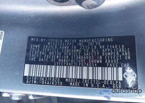 2020 Toyota Corolla Le z USA, uszkodzony, nr VIN 5YFEPRAE2LP076054